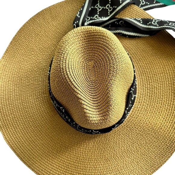 Odiva Summer Hat Khaki Stripe Pattern Band Straw Sun Hat - Picture 5 of 16